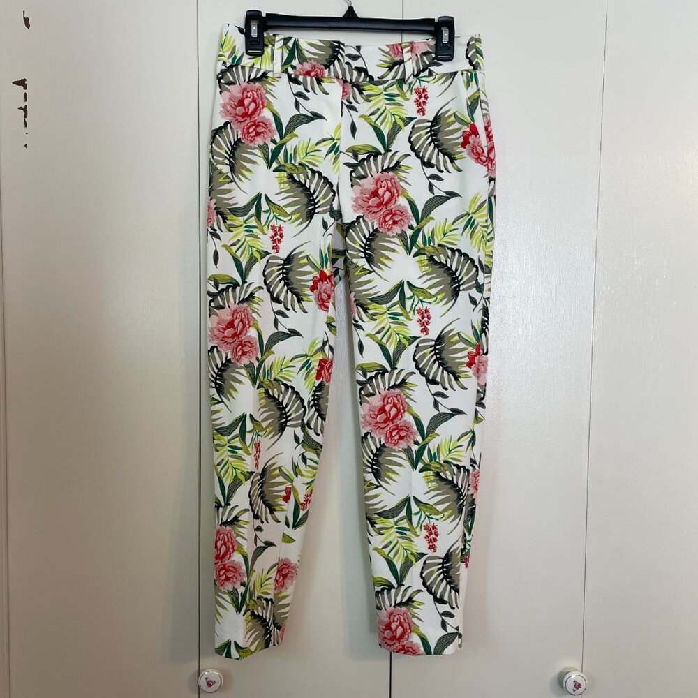 Straight Leg Trouser Pants, White with Tropical Plants and Flowers, Size US 4